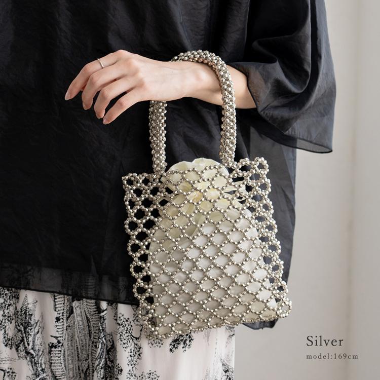 VitaFelice ビーズバッグ レディース シルバー 巾着袋付き