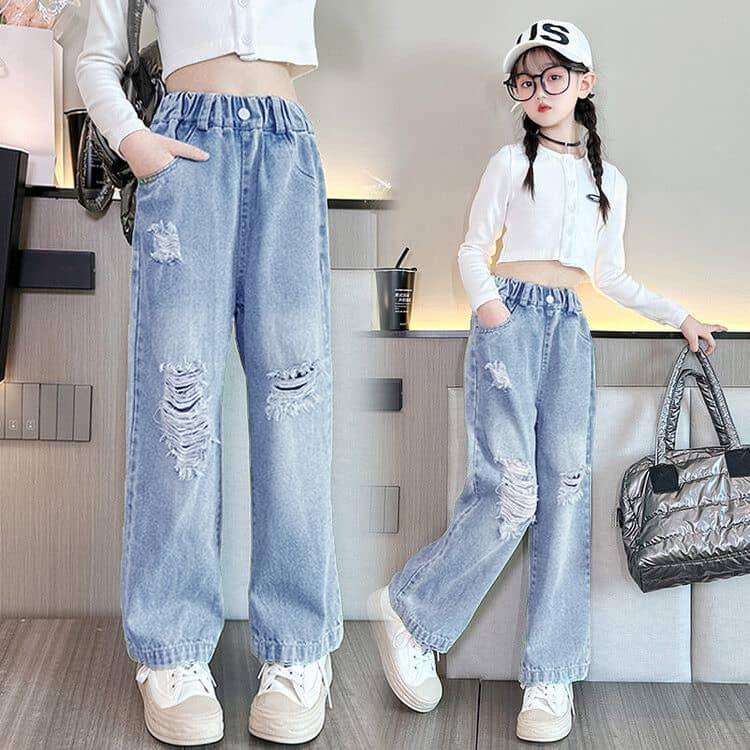 DENIMDUNGAREE パンツ ダメージジーンズ ライトブルー 150cm ダメージ 子ども服 女の子 夏用 デニム ジーンズ ワイドパンツ