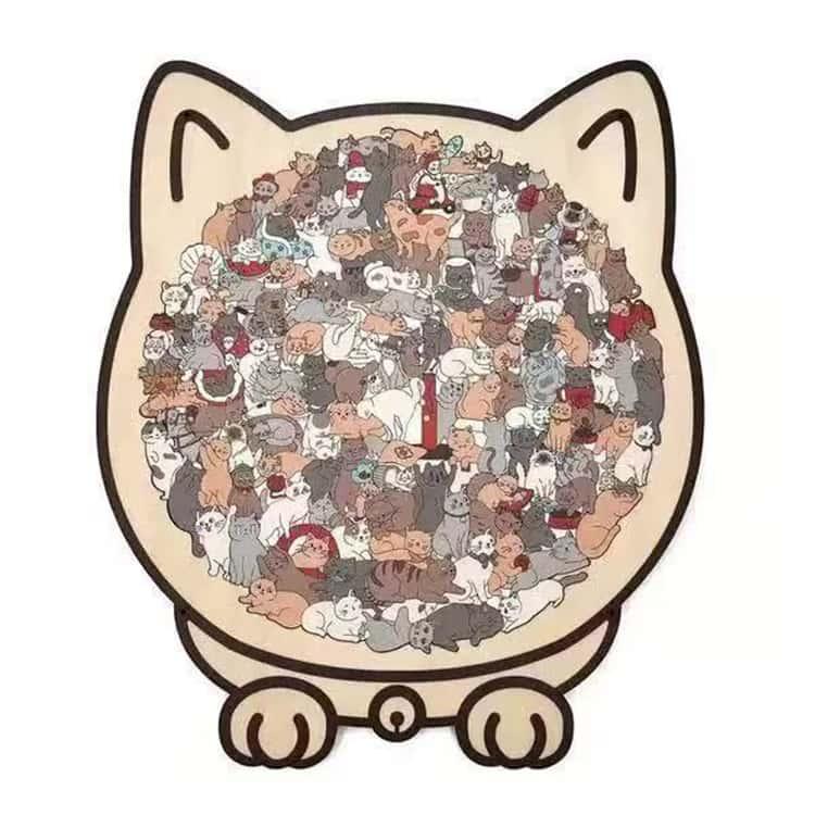 ハンドメイドヒノキ オリジナルデザイン　親子猫の置物 パズル型インテリア 簡単 猫型パズルジグソーパズル 4タイプ ユニークな猫の形 木製の
