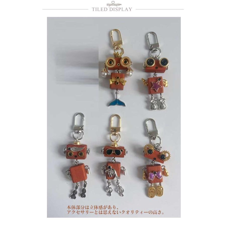 木製 ネックレス かわいい キーホルダー キーリング ロボット カラビナ