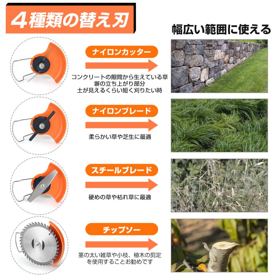 【即納 一年保証 バッテリー２個】ナイロンカッター 草刈機 充電式 家庭用 女性 軽量 無線 安全 草刈り機 コードレス　伸縮 長さ 角度調整 18-21v 替刃4種類｜vitamin-store｜04