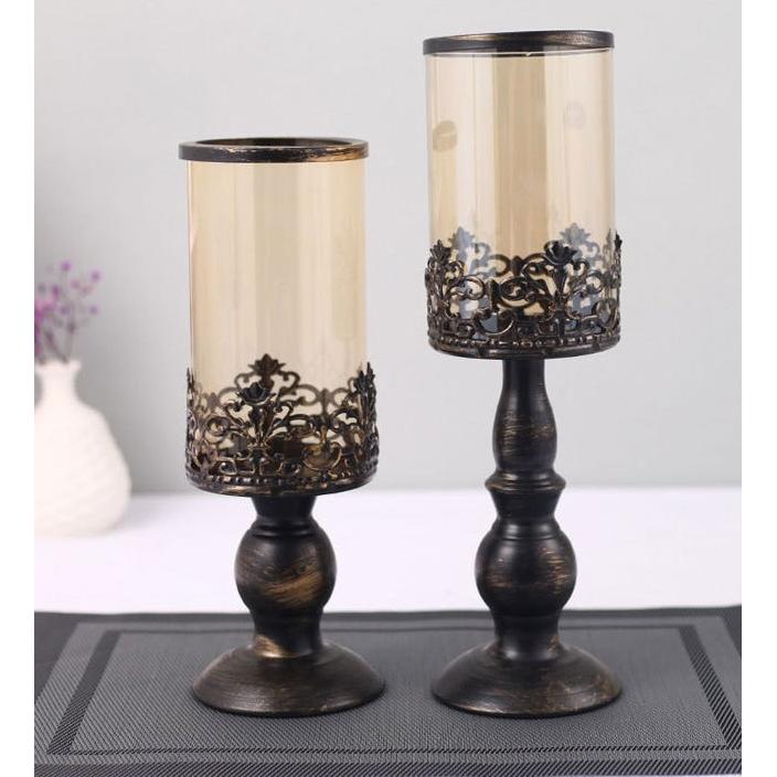 アンティーク風 キャンドルスタンド 琥珀色 ガラス 彫刻風 北欧