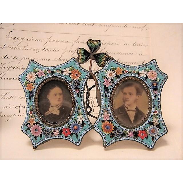 イタリア製マイクロモザイク、ダブルのフォトフレーム、クローバー、ターコイズ