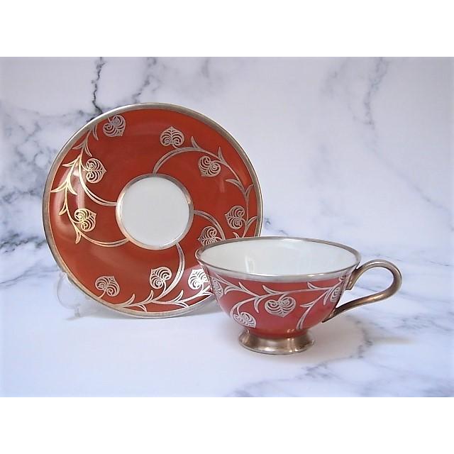 独アンティーク　HEINRICHハインリッヒ窯　柿色地にハート葉文様の純銀（1000）巻カップ＆ソーサー　アール・デコ