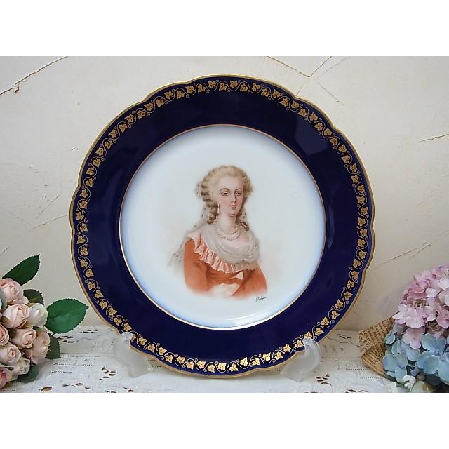 フランス セーブル窯 マリーアントワネット王妃 陶芸 ファット ブルー地にアイビー柄のキャビネットプレート 稀少