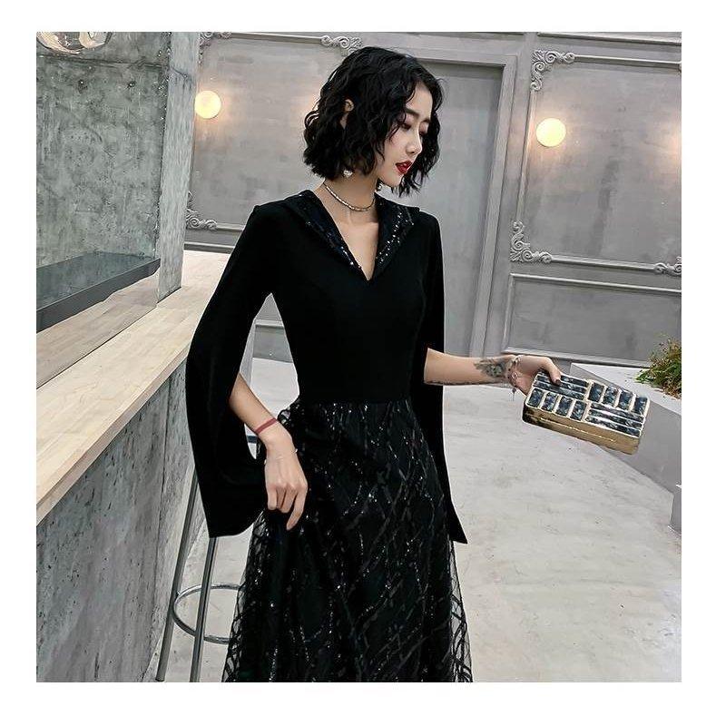 おしゃれ ロング ドレス パーティードレス 個性的 黒 袖あり カッコイイ Vネック 結婚式 二次会 お呼ばれ フォーマル 演奏会 発表会大人 可愛い Cj13b37c Viva 通販 Yahoo ショッピング