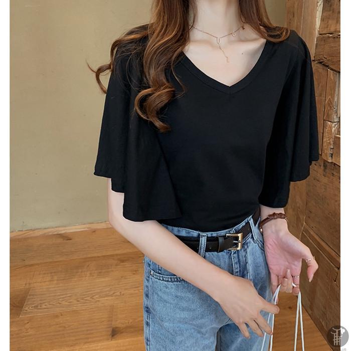 日本人気超絶の-Tシャツ •ゆったり フレア袖 半袖カットソー Vネック