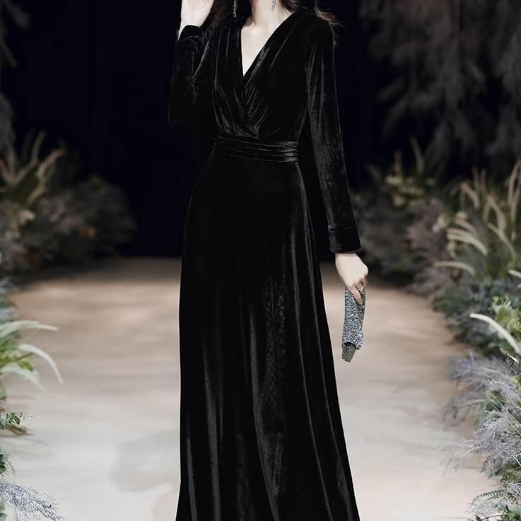 おしゃれ4色 ロング パーティードレス カッコイイ 個性的 黒 赤 緑 青 長袖 ベロア 秋 冬 結婚式 二次会 お呼ばれ フォーマル 演奏会 発表会 Y2pvz5soyu Oceanpt Com