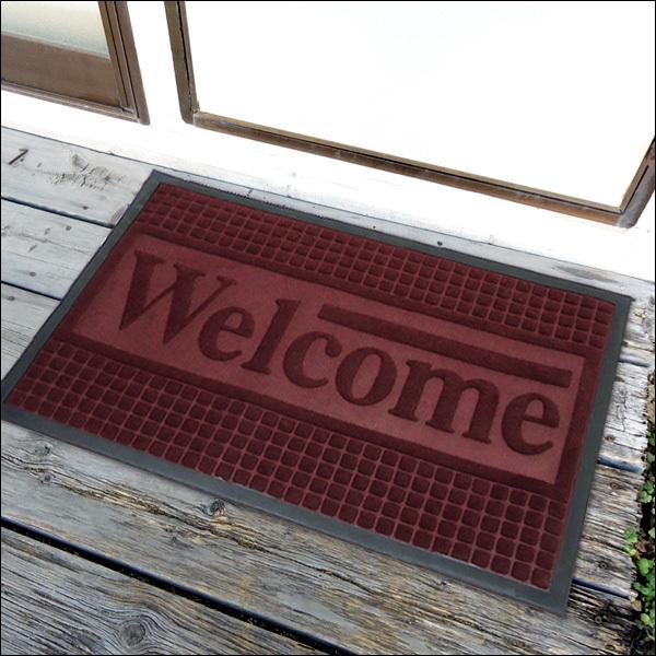 WELCOMEマット 玄関マット (D) 90cm×60cm エンジ 丸洗い可 ウェルカム