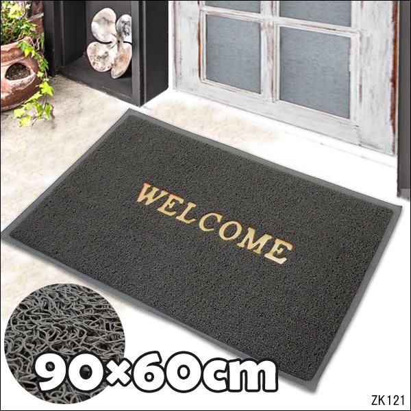 WELCOME 玄関マット L グレー 90×60cm 丸洗い可 ウェルカムマット