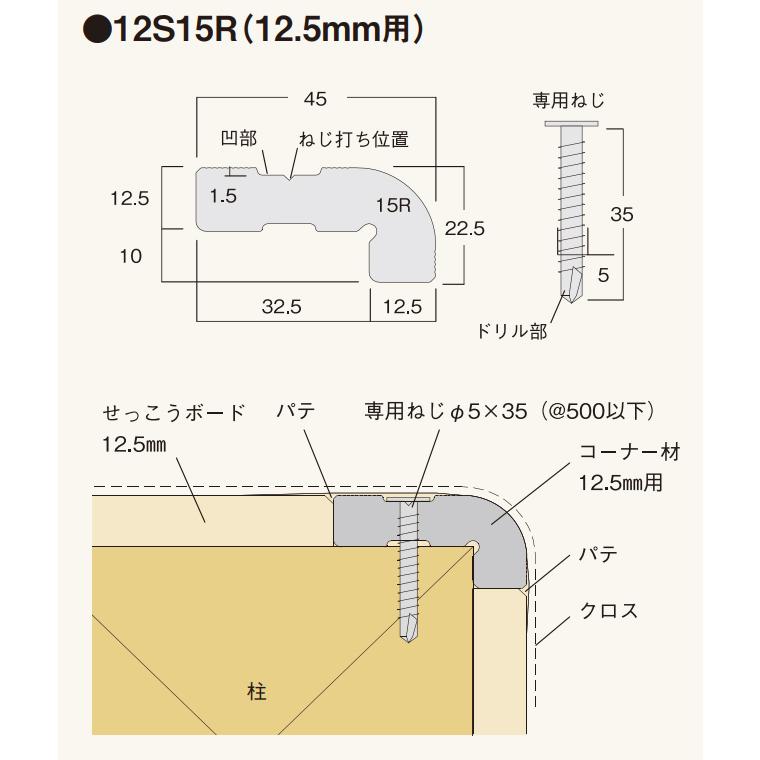 フクビ　窯業系コーナー下地材　不燃Rコーナー12S15R　長さ2.5ｍ　10本入（専用ねじ60本）SJ15R　ボード12.5mm用