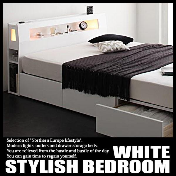 ベッド セミダブル 収納ベッド マットレス付き セミダブルベッド 宮棚 2灯照明 コンセント付き 引出し3杯 北欧 モダン 国産カバーポケットコイルマットレス付き