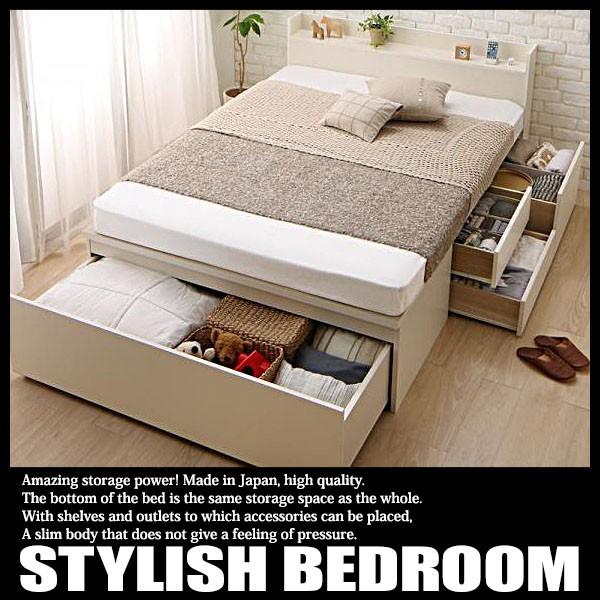 ベッド ダブル マットレス付き セット 収納 コンセント 日本製 薄型スタンダードボンネルコイルマットレス付き