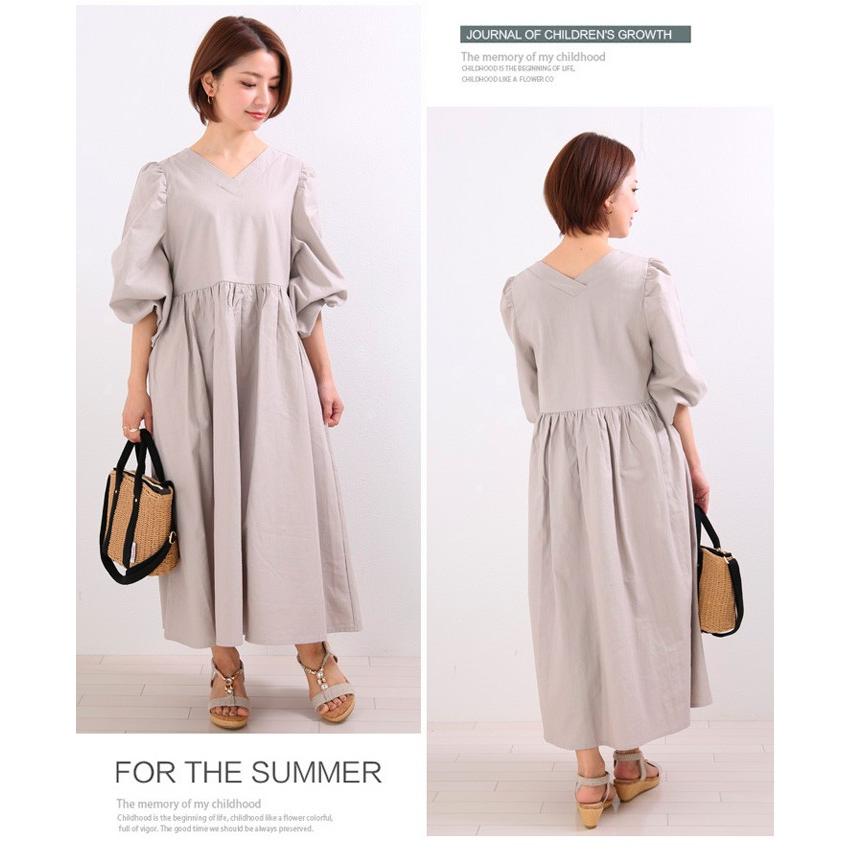 リネンワンピース パフスリーブ 七分袖 ハイウエスト Vネック 綿 麻 前後vネック リネンワンピ 麻ワンピ 体型カバー ネコポス不可 9102 1622 Vive Ange ヤフー店 通販 Yahoo ショッピング