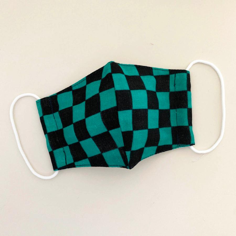 2枚セット 布マスク 子供用 きめつ 鬼滅の刃マスク 緑黒の市松模様と黄