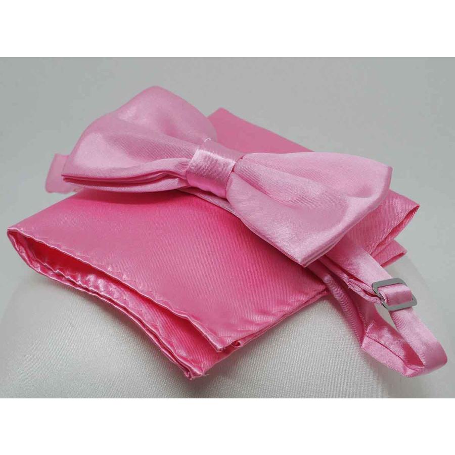 蝶ネクタイ チーフセット ピンク 無地 ボウタイ ポケットチーフ 結婚式