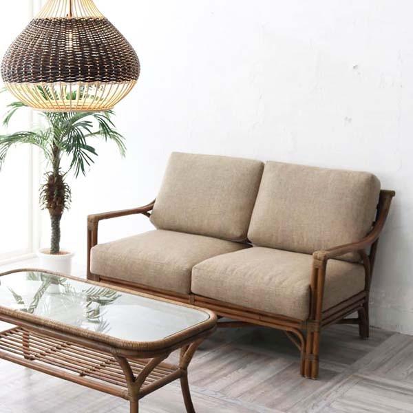 ソファー 2人掛け 幅122cm 座面高40cm D127-2GYZ クッション付 ラタン