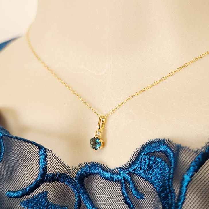 ネックレス K18 刻印 ロンドンブルートパーズ ダイヤモンド ラウンド