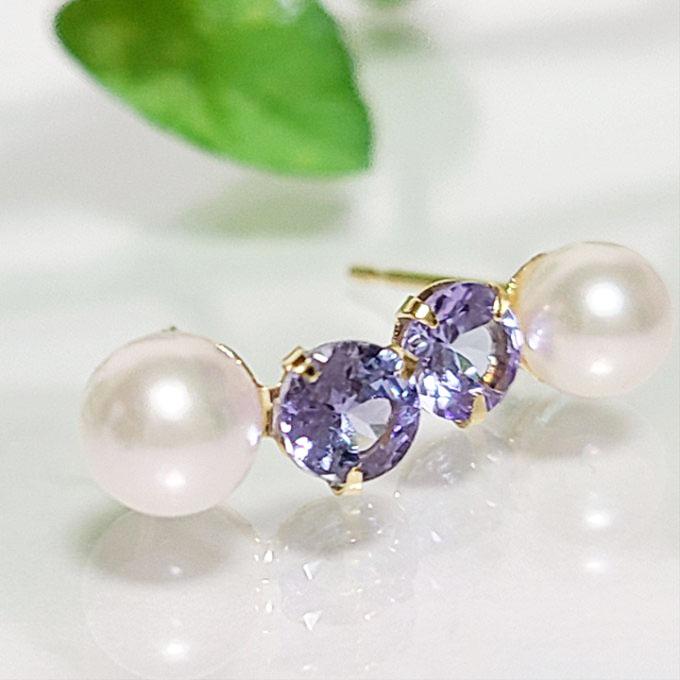ピアス アコヤ真珠 タンザナイト K18 両耳分 金属アレルギー対応 