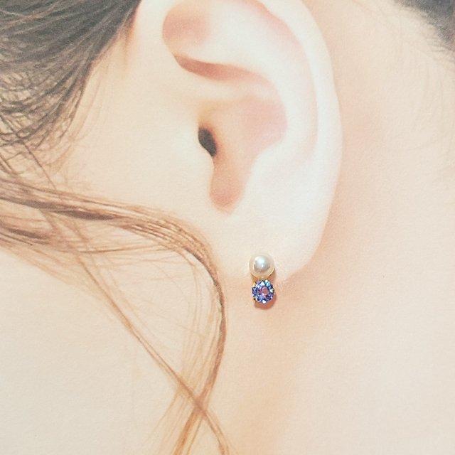 ピアス アコヤ真珠 タンザナイト K18 両耳分 金属アレルギー対応 