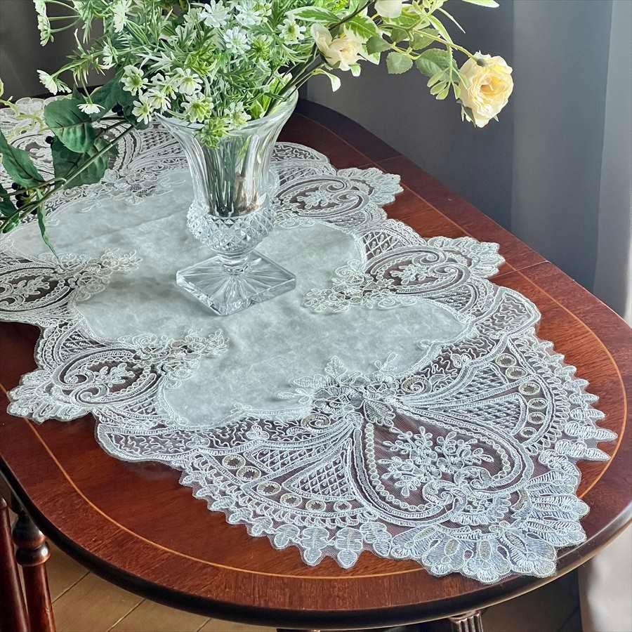 イタリアンレース テーブルセンター 42×86cm 刺繍 チュールレース 