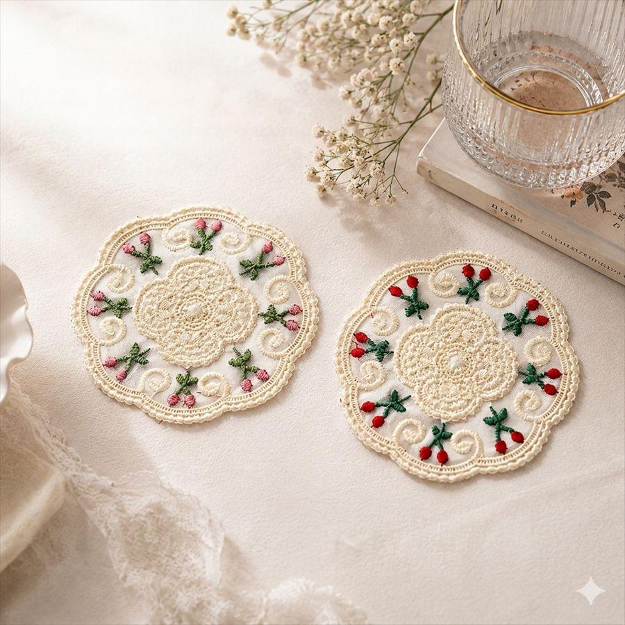 レースコースター さくらんぼ刺繍 ホワイト系 ベージュ系 直径12cm