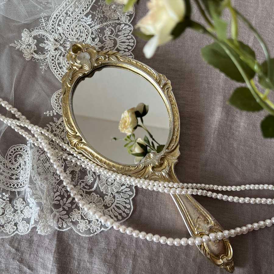 アンティークレリーフ 手鏡 ハンドミラー シャンパンゴールド ホワイト