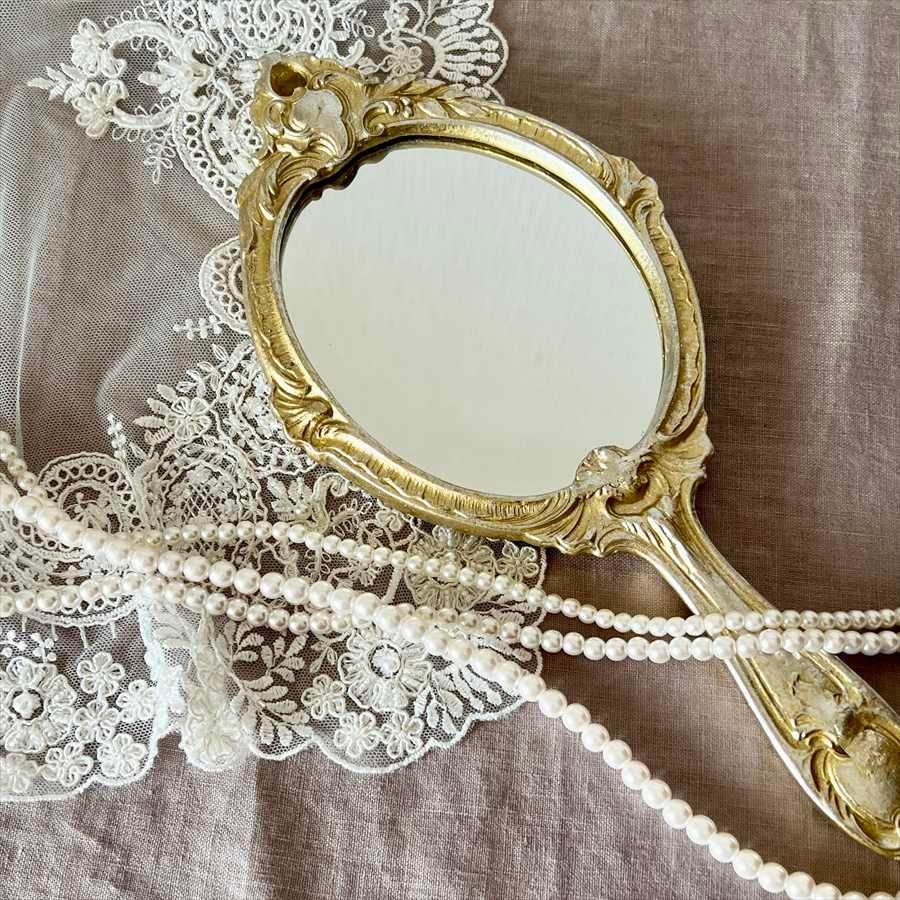 アンティークレリーフ 手鏡 ハンドミラー シャンパンゴールド ホワイト