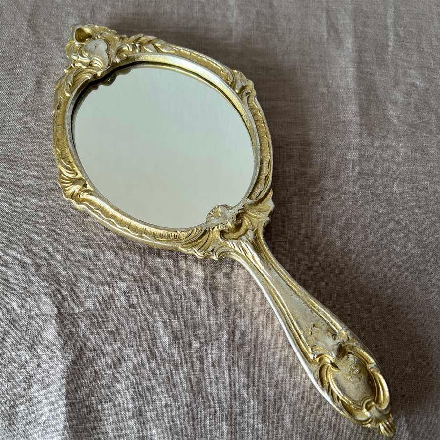 アンティークレリーフ 手鏡 ハンドミラー シャンパンゴールド ホワイト