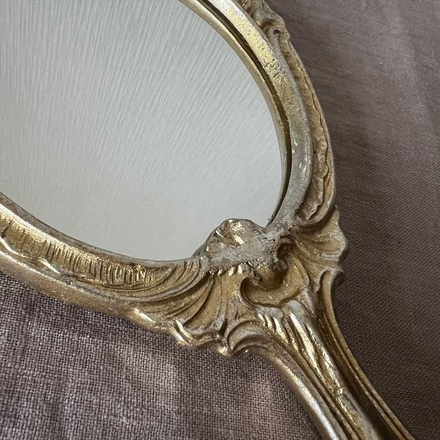 アンティークレリーフ 手鏡 ハンドミラー シャンパンゴールド ホワイト