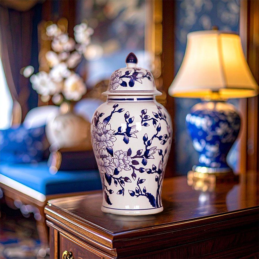 花器　置物　壺 シノワズリ 蓋付壺 高さ46cm 磁器 ジャー 花びん 花瓶 花器 白 青