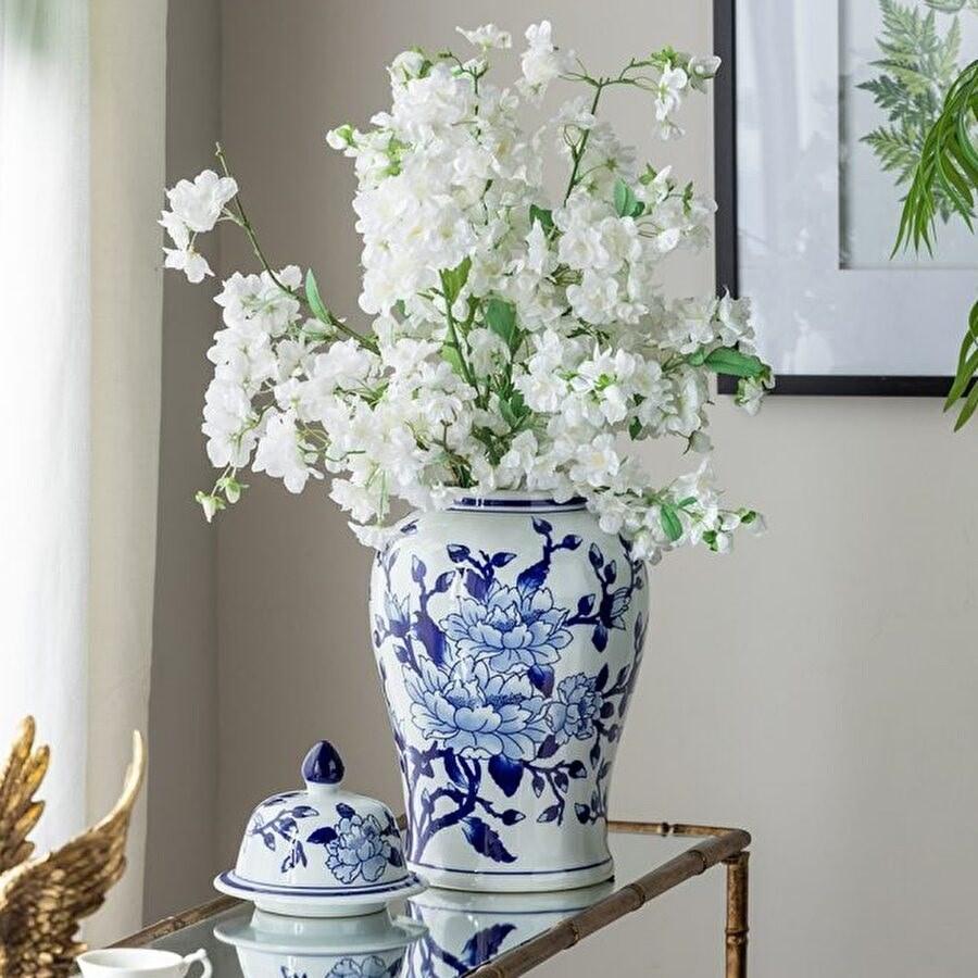 シノワズリ 蓋付壺 高さ46cm 磁器 ジャー 花びん 花瓶 花器 白 青