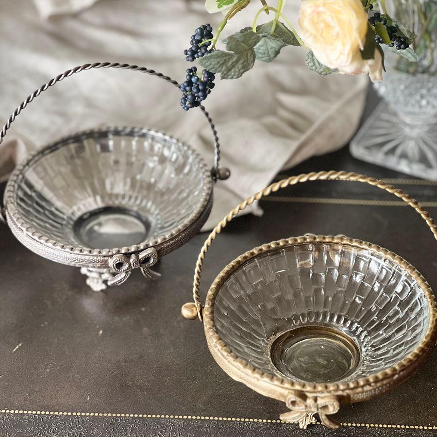 バスケット（取手付き）真鍮×ガラス ゴールド シルバー 小物入れ