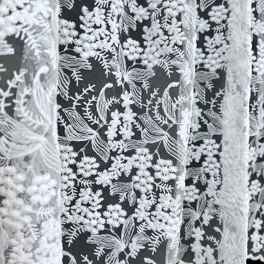 カフェカーテン 2サイズ展開 高さ60x幅120cm ホワイト 刺繍 チュール