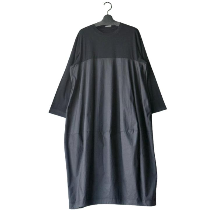 NEW 異素材切り替え コクーンシルエット ロングワンピース レディース 長袖 ロング丈 バルーンワンピース 丸首 体型カバー Bell Pony ベルポニー |  | 01