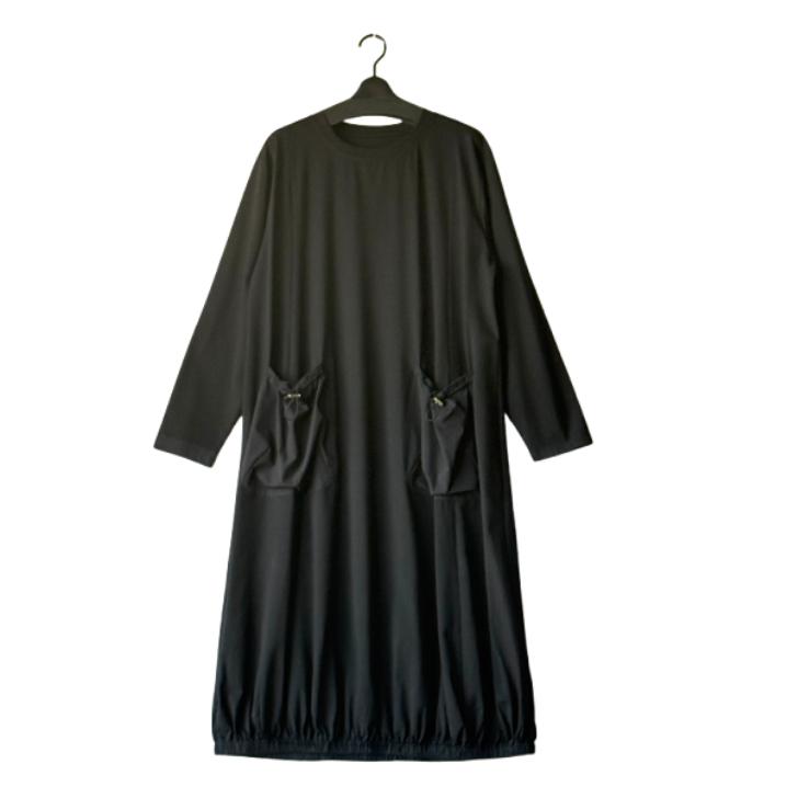 NEW 丸首 異素材ポケット付き ドレープデザイン ロングワンピース レディース 長袖 バルーン風 ワンピース体型カバー Bell Pony ベルポニー |  | 01