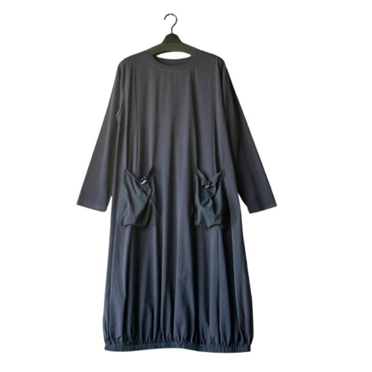 NEW 丸首 異素材ポケット付き ドレープデザイン ロングワンピース レディース 長袖 バルーン風 ワンピース体型カバー Bell Pony ベルポニー |  | 02