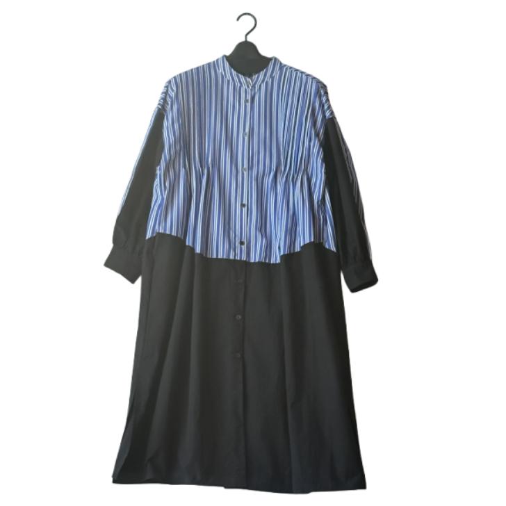 NEW 無地×ストライプ切り替え ロングワンピース レディース 長袖 ロングシャツワンピ 羽織り Aライン バンドカラー Bell Pony ベルポニー |  | 01