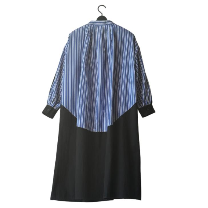 NEW 無地×ストライプ切り替え ロングワンピース レディース 長袖 ロングシャツワンピ 羽織り Aライン バンドカラー Bell Pony ベルポニー |  | 03