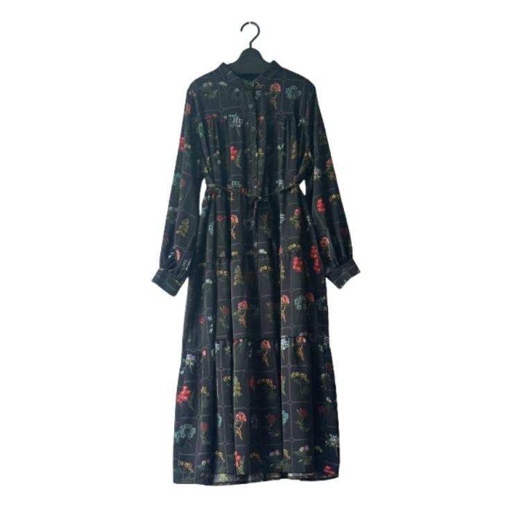 NEW 総柄プリント ワンピース レディース ロングワンピ 長袖 ロング丈 バンドカラー 小花柄 フラワー Aライン 体型カバー Bell Pony ベルポニー |  | 01