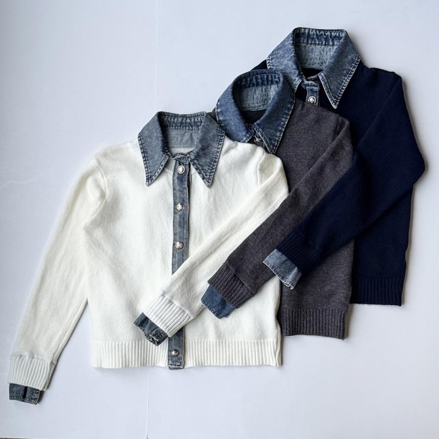 完売 異素材切り替え デニム×ニット カーディガン レディース 長袖