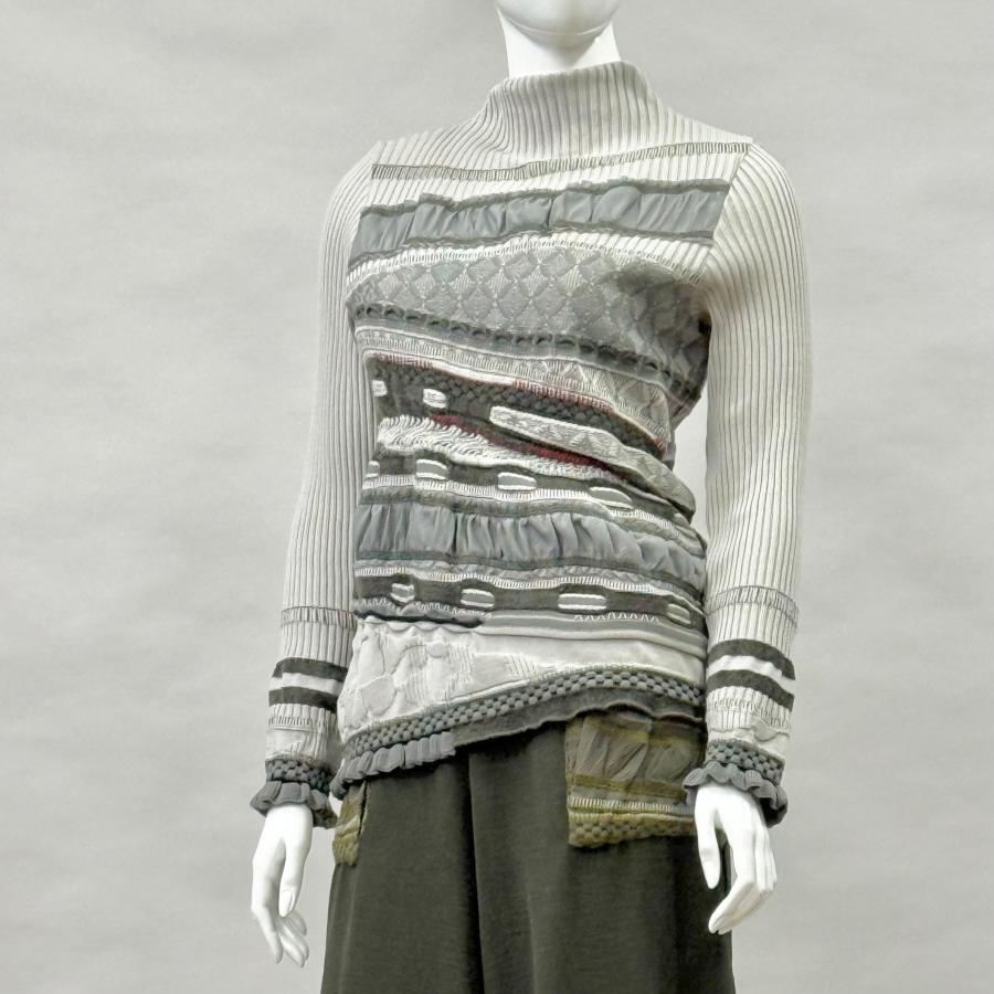 SALE 54%OFF ジャガード×シフォン切り替え ニットプルオーバー レディース トップス ボトルネック 長袖 秋 冬 セーター 日本製 ヨシヨシ Yoshi Yoshi by pj |  | 01