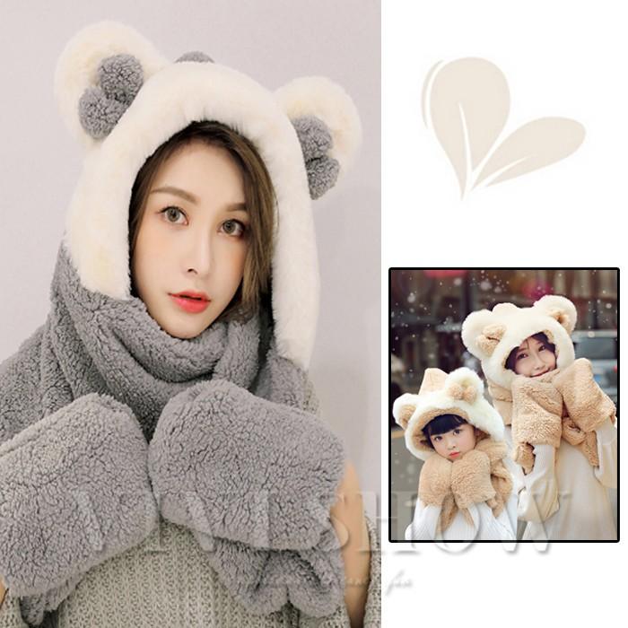レディース＆キッズ マフラー 帽子 手袋 3点一体 セット アニマル帽子