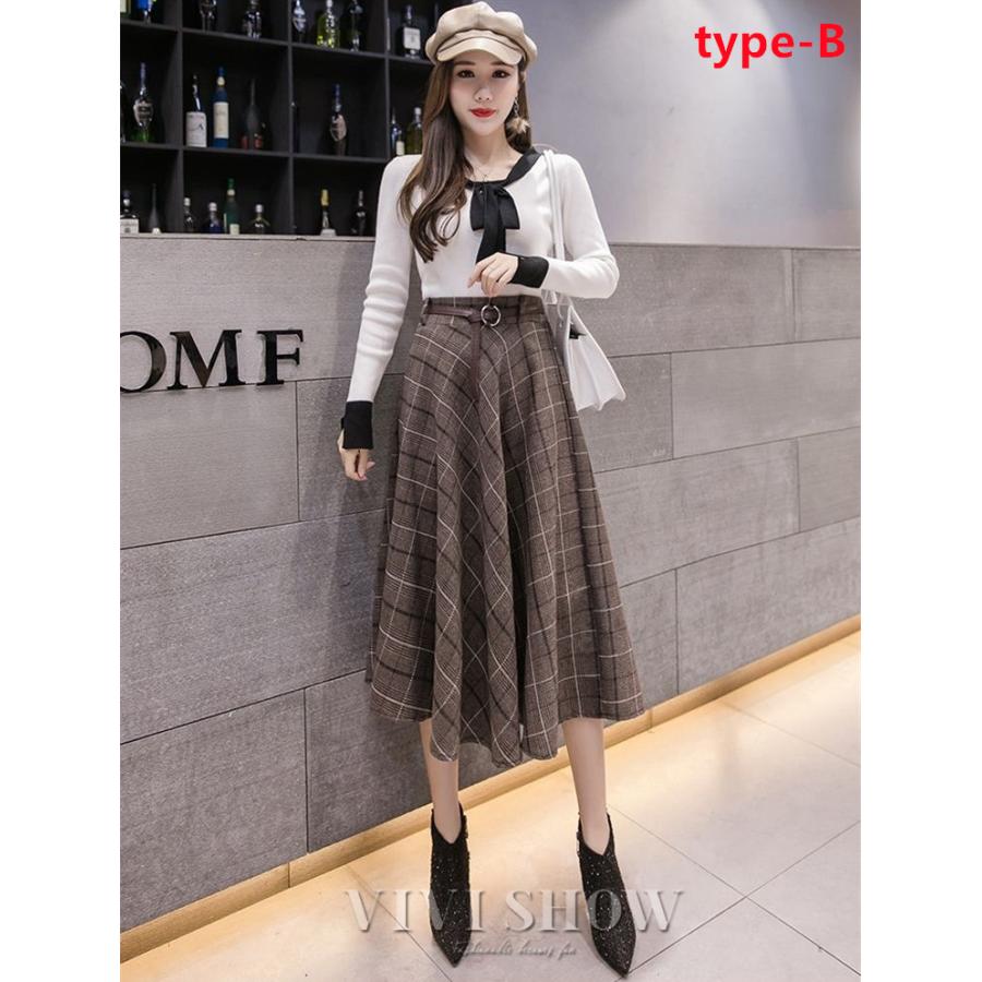 スカート ロング丈 秋冬 レトロ チェック柄 フレアスカート レディース