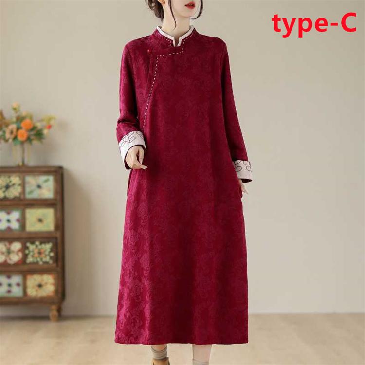 ロングワンピース レディース チャイナドレス 長袖 綿麻 ミモレ丈 花柄