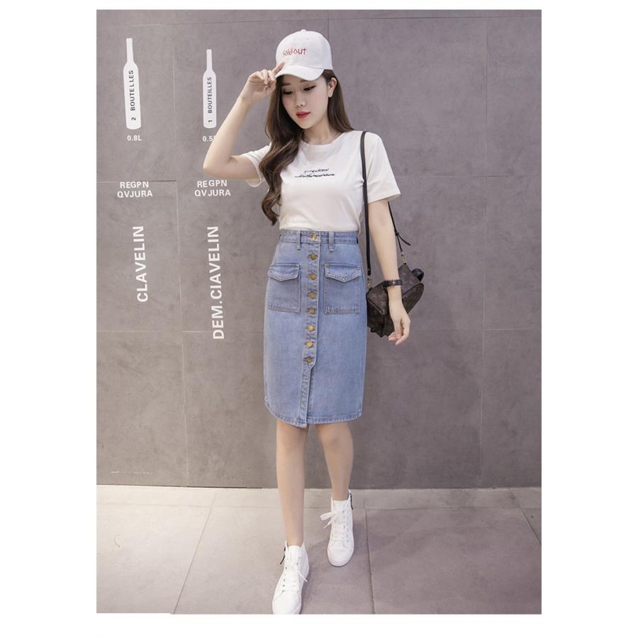 レディース デニムスカート カジュアル 膝丈 2カラー 細身 デニム生地