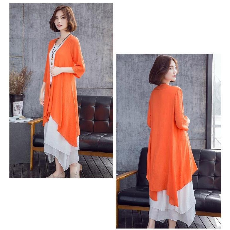 ワンピース 膝丈 夏 2点セット ロングカーディガン 綿麻混 ロング