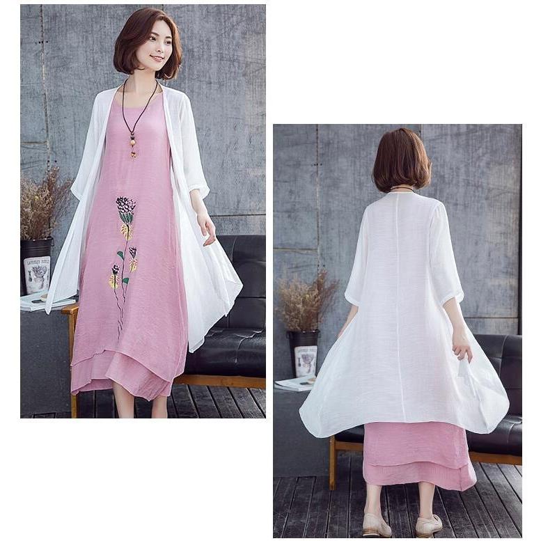 ワンピース 膝丈 夏 2点セット ロングカーディガン 綿麻混 ロング