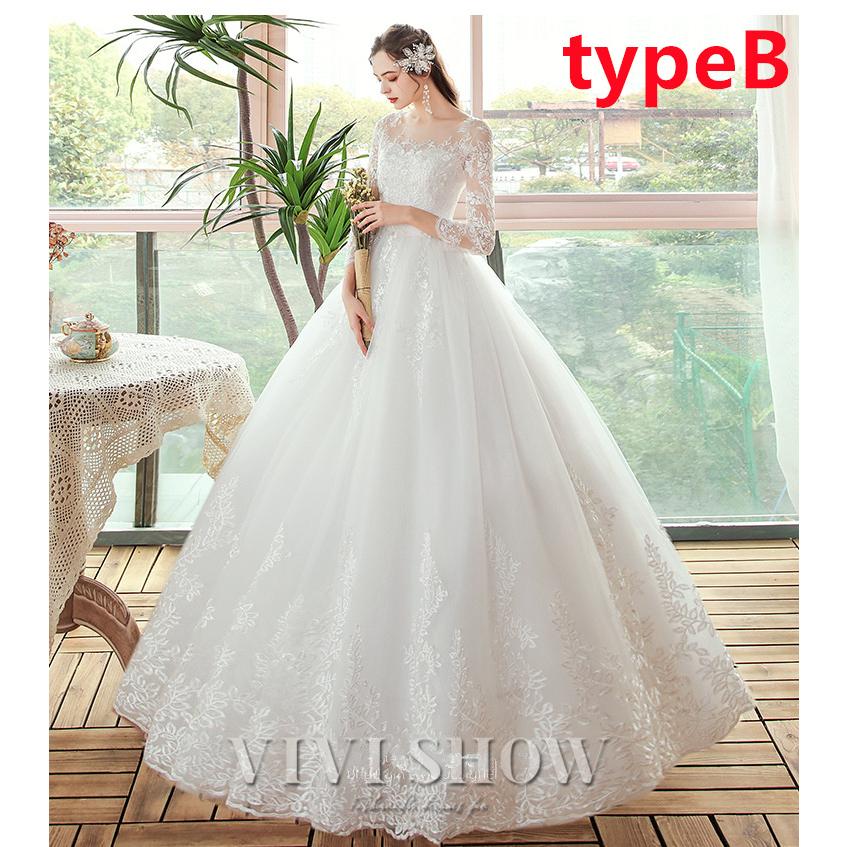 ウェディングドレス ロングドレス パニエ付き 可愛いレース 着痩せ