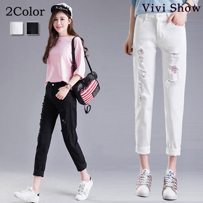 レディース ストレート デニム ダメージ加工 ゆったり カジュアル パンツ ジーンズ ボトムス 可愛い ズボン Bau056 Vivishow 通販 Yahoo ショッピング